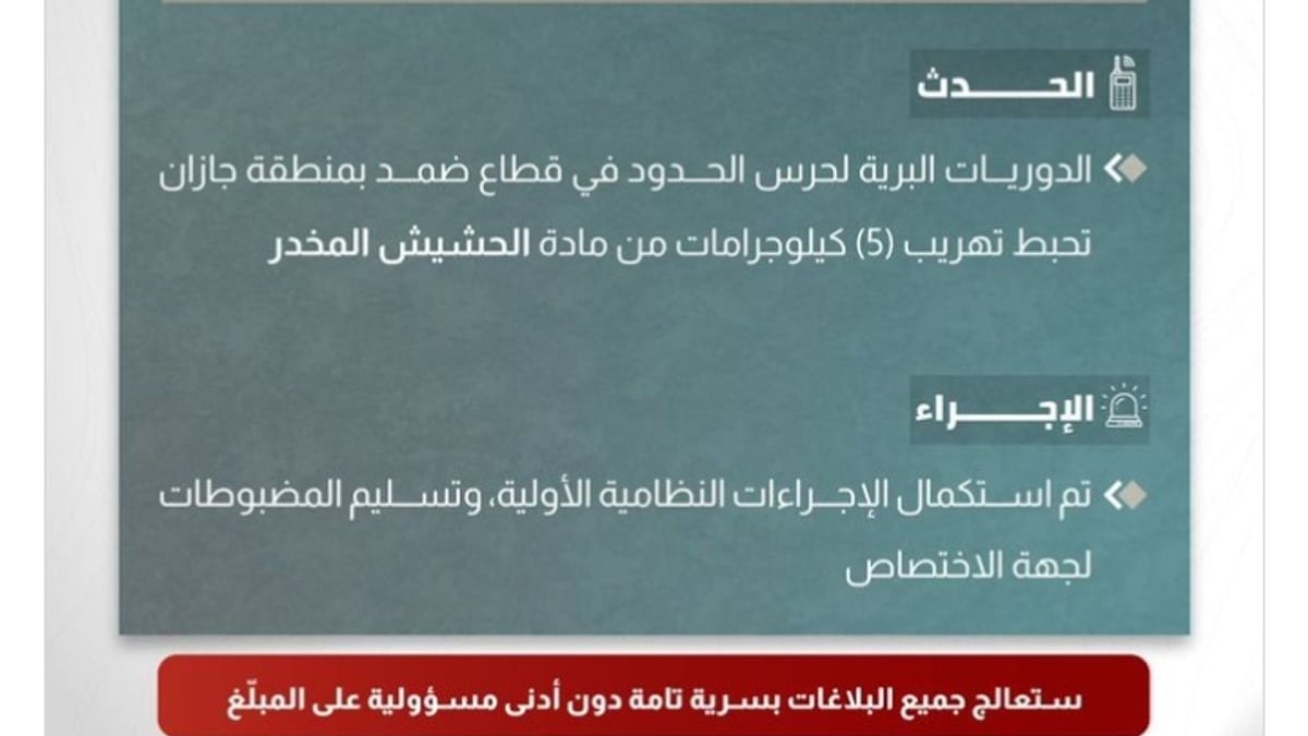 إحباط تهريب 5 كيلوجرامات من الحشيش المخدر بجازان