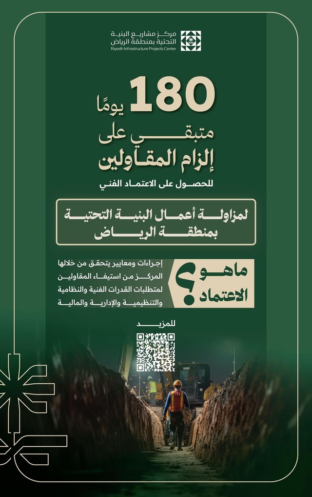 بدء العد التنازلي لتطبيق الاعتماد الفني الإلزامي لمقاولي البنية التحتية بالرياض